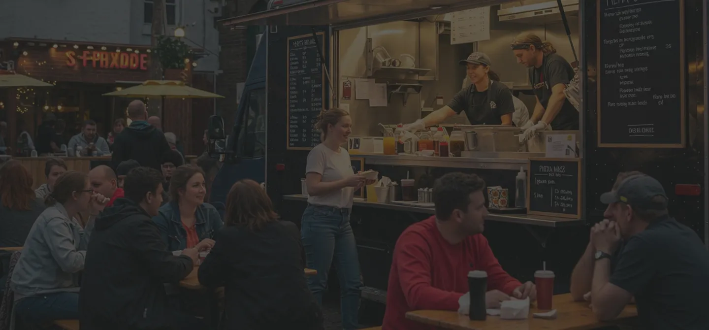 Pequeño negocio de food truck que atiende a clientes en la calle con buena identidad visual.